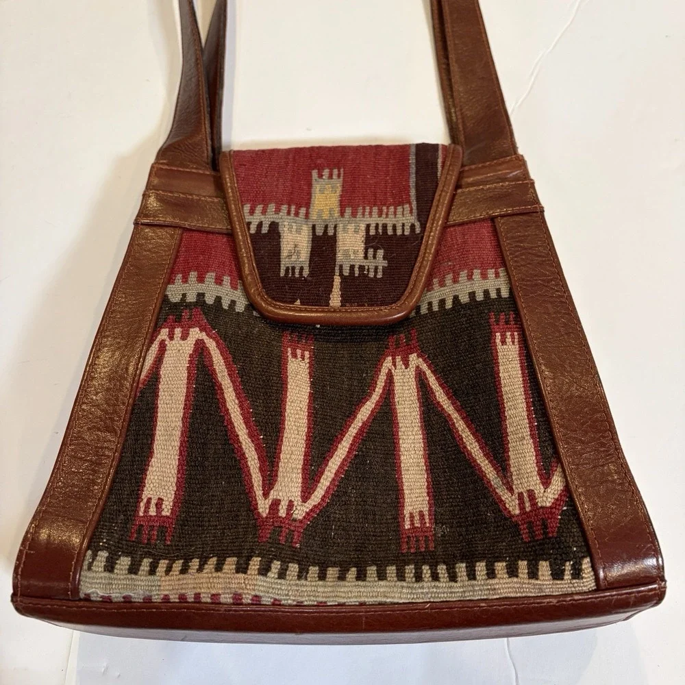 VTG YUN ART Turkish Kilim Wool Rust-Tan Leather Shoulder Bag Purse Boho Hobo